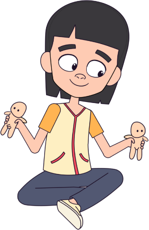 Professora brincando com bonecos em cada uma de suas mãos